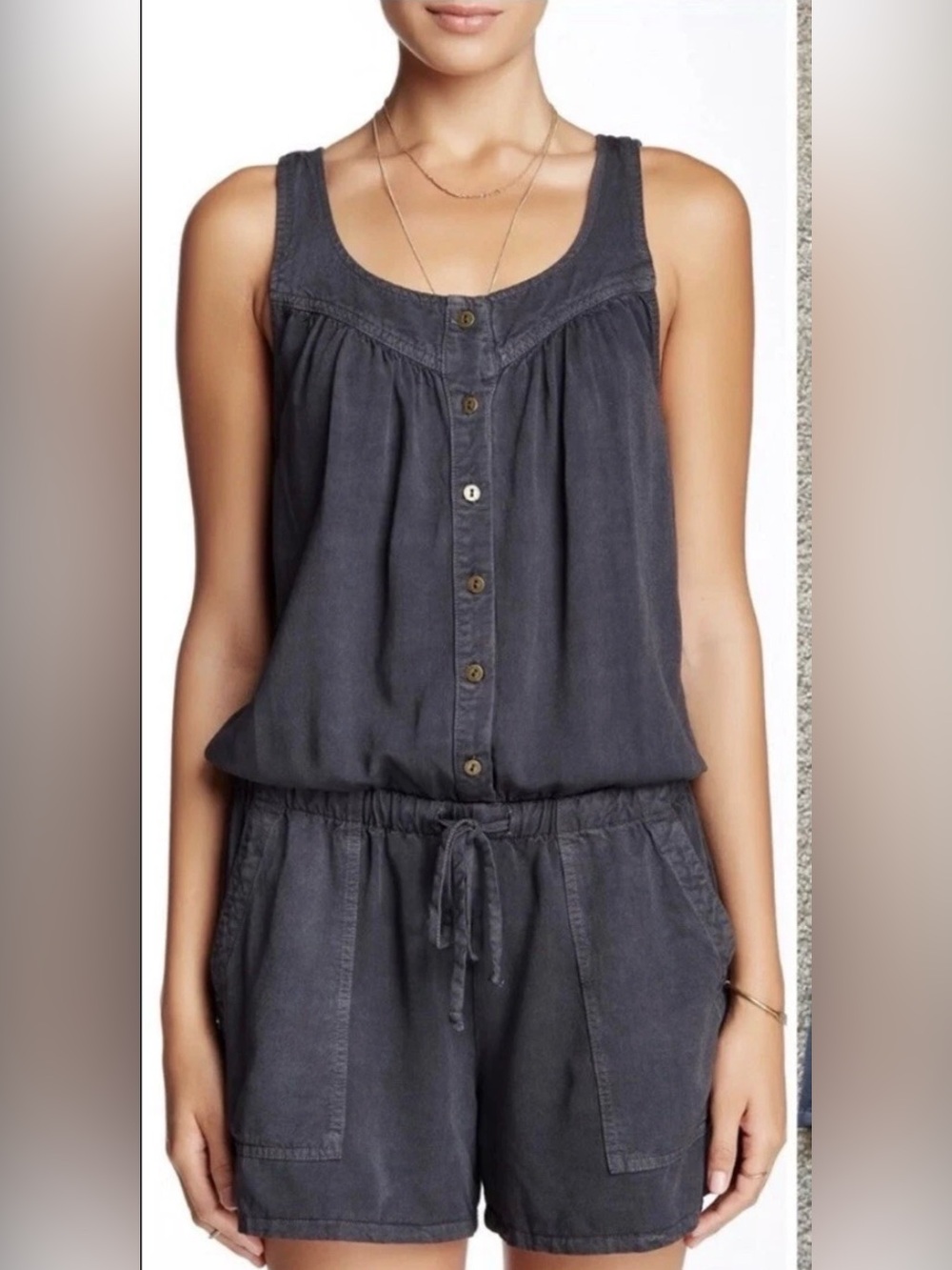 Current/Elliott Washed Charcoal Button-Front Romper